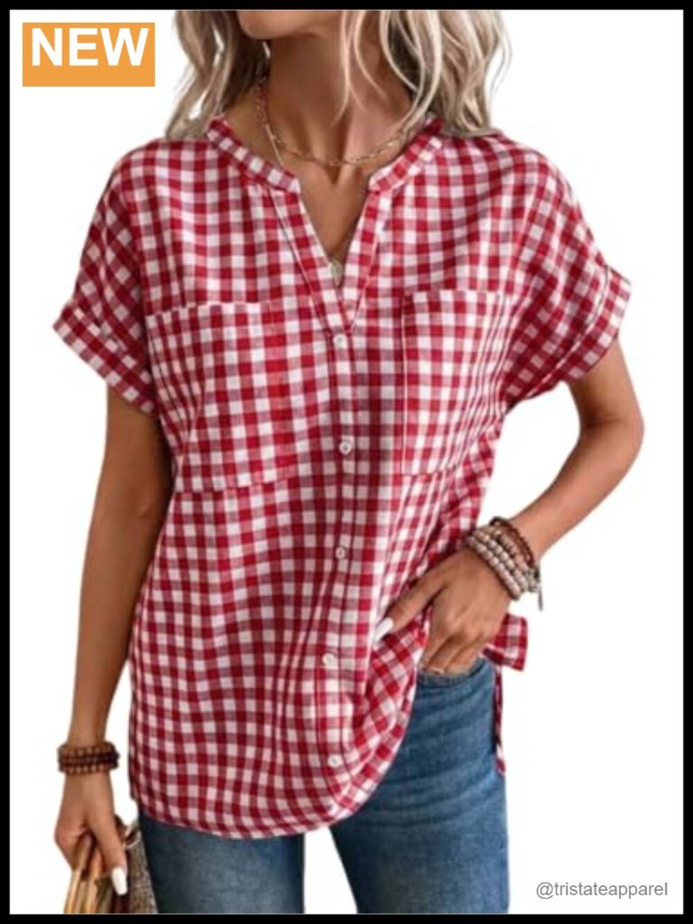 Women's Gingham Button Down Short Sleeve Blouse V-Neck Cotton Top